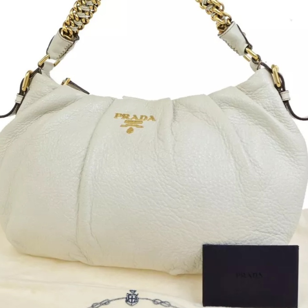 Authentic Prada Pearlized White Shoulder Bag with Gold Accents with COA